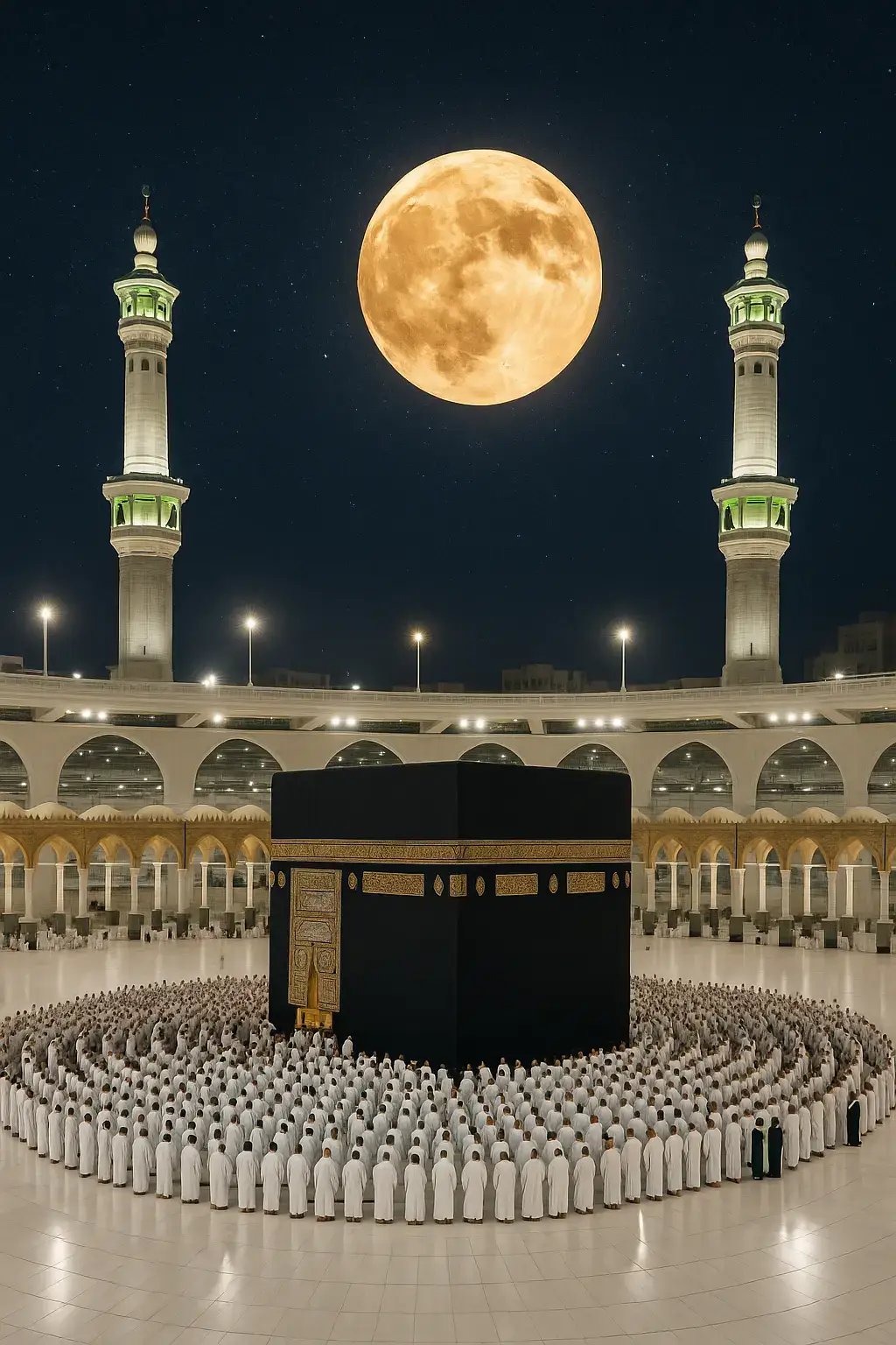This image captures the majestic beauty of Masjid al-Nabawi, the Prophet's Mosque, located in the holy city of Madina. The iconic green dome marks the resting place of the Prophet Muhammad (PBUH). Surrounded by elegant minarets, the mosque's stunning architecture is illuminated under a clear blue sky. The expansive marble courtyard reflects the soft sunlight, creating serene and spiritual atmosphere. Pilgrims are seen peacefully walking and praying, symbolizing the unity and devotion of Muslims from around the world. This sacred site is not only an architectural masterpiece Jut also a place of deep reverence and tranquility.
